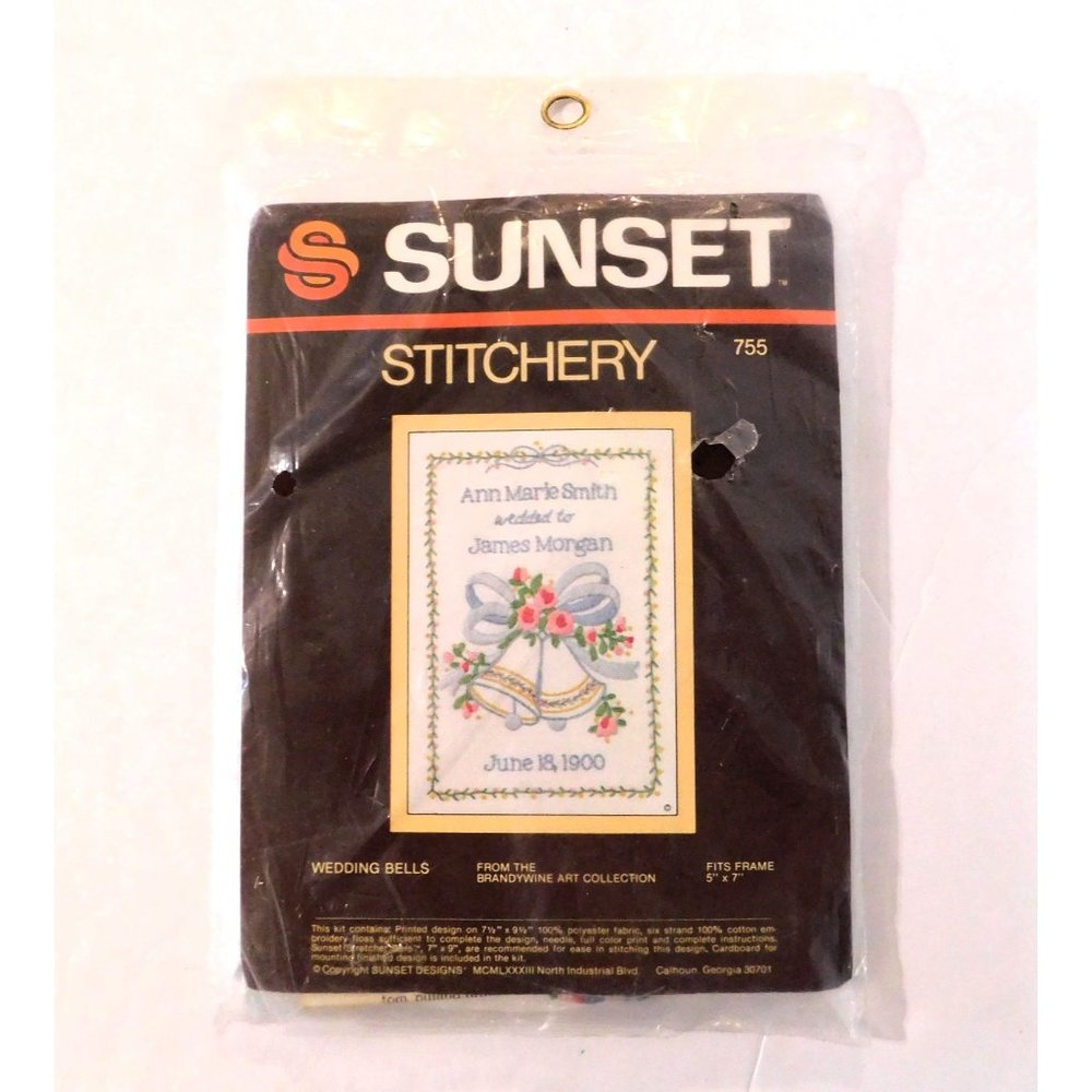 Sunset Wedding Bells Stitchery Kit #755 Customizable Dates Names 7.5 x 9.5 inch